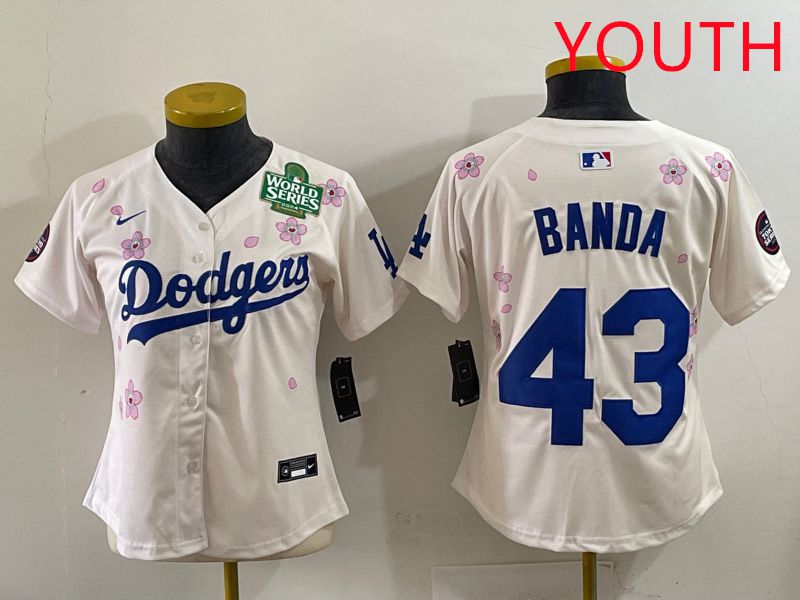 Youth Los Angeles Dodgers #43 Banda Cream Sakura Edition 2025 Nike MLB Jersey style 35